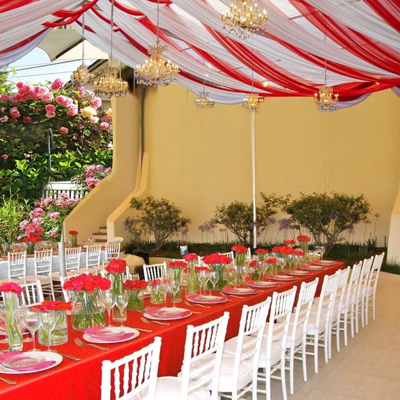 4 Rolls 54'' x 100' Circus Tablecloth Roll Red and White Solid Color Table Cover with Slide Cutter