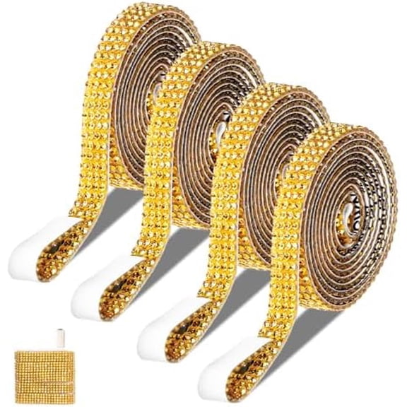 4 Rolls Adhesive Rhinestone Strips, Gold Rhinestone Ribbon Self-Adhesive, Bedazzling Strips Crystal Tape for Wedding Birthday Party Supplies DIY Crafts Phone Shoes Home Decoration(Gold)$$Art & Craft