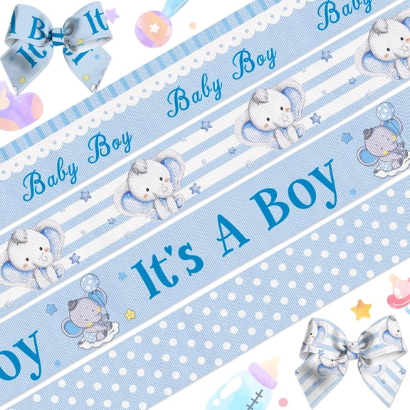 4 Rolls Baby Boy Ribbons - Linen Blue Diaper Cake Decor Ribbons for Gender Reveal Party Baby Shower Family Surprise Craft Gift Wrapping Decoration Supplies - 20 Yards