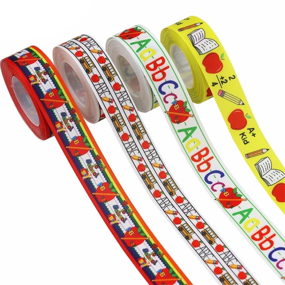 4 Rolls Back to School Themed Craft Ribbons for Appreciation DIY Gift Wrapping, 7/8" Polyester Satin Printed Fabric Ribbons Gift Wrapping Rolls,Fade Resistant Flexible Durable 900cm Ribbon,4 Styles