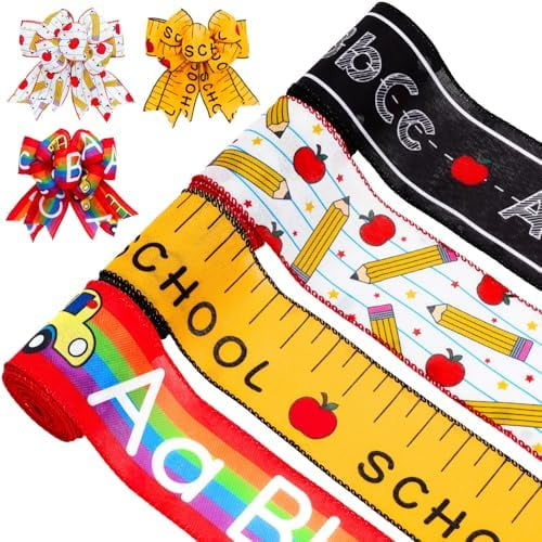 4 Rolls Back to School Wired Edge Ribbons ABC Apples Pencil Ruler ...