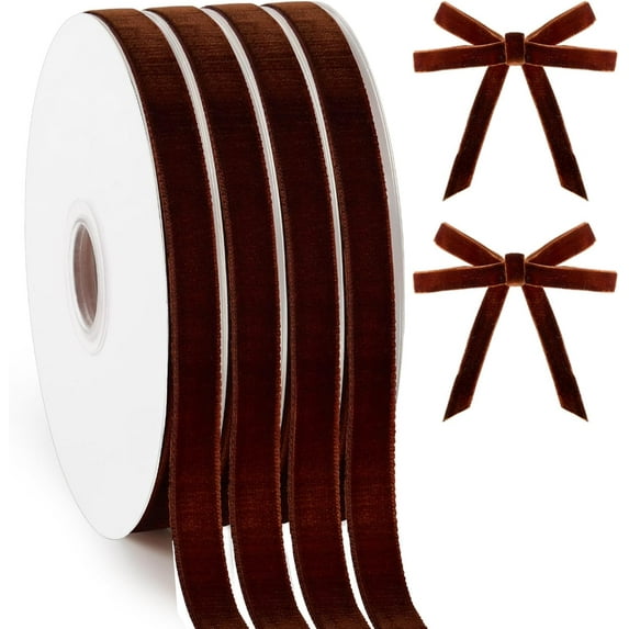 4 Rolls Brown Velvet Ribbon Set, 3/8 Inch 20-Yard Ribbon for Christmas Tree Ornaments, Wreath Decoration, Gift Wrapping, Bow Making, Handmade Crafts