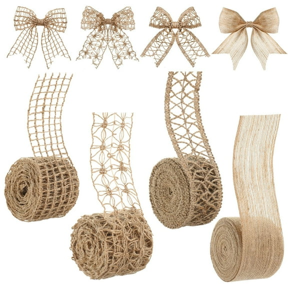4 Rolls Burlap Ribbon Natural Jute Burlap Lace Ribbon Mesh Burlap Ribbon Weeding Ribbon Trim Craft Wrapping Ribbon for Holiday Party DIY Handmade Artist Home Decor, 2M/Roll
