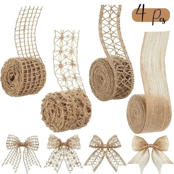 4 Rolls Burlap Ribbon Wired Natural Jute Burlap Lace 1.4-1.8 Inch x 78.74 Wrapping Ribbon for Crafts, Big Bows, Wedding Gift Wrapping, Rustic Outdoor Decoration, Wreath, Holiday Party DIY Home Decor