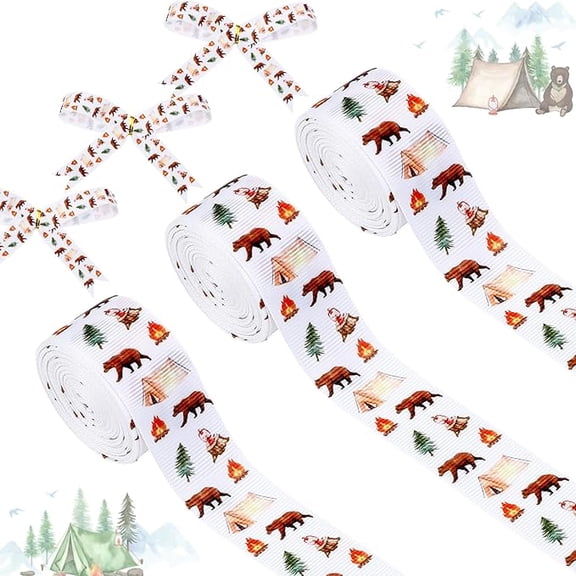 4 Rolls Camping Theme Ribbons, 20 Yards Craft Ribbons for Wreath Hair Bow Wrapping Gifts Packing, Forest Adventure Grosgrain Ribbons Birthday Wedding Gender Reveal Party Accessory Decorations
