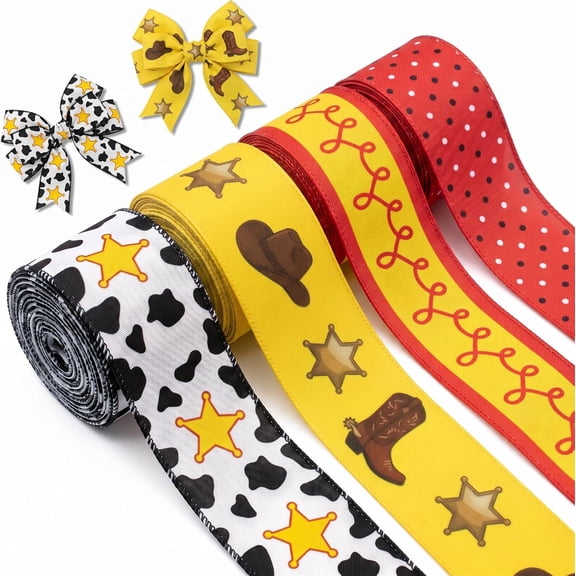 4 Rolls Cartoon Story Edge Wired Bulap Fabric Ribbon for Birthday Party 2.5"x5 Yards Each