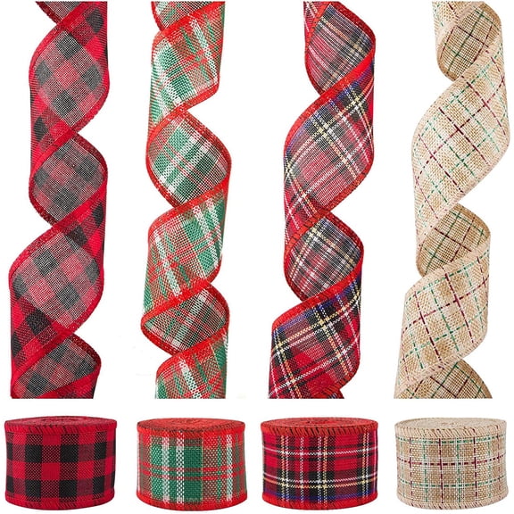 4 Rolls Christmas Burlap Wired Ribbon for Craft, 24 Yards Red Buffalo Plaid Burlap Ribbon for Gift Wrapping Xmas Wreath Decor Rustic DIY Crafts Decoration, 1.97 inch x 6 Yards