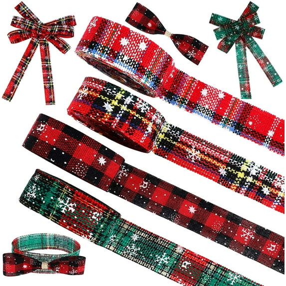 4 Rolls Christmas Plaid Ribbon, Snowflake Plaid Burlap Ribbon, Christmas Wrapping Ribbon for Christmas Tree Home Wrapping Craft Decoration, 22 Yards (1 Inch)
