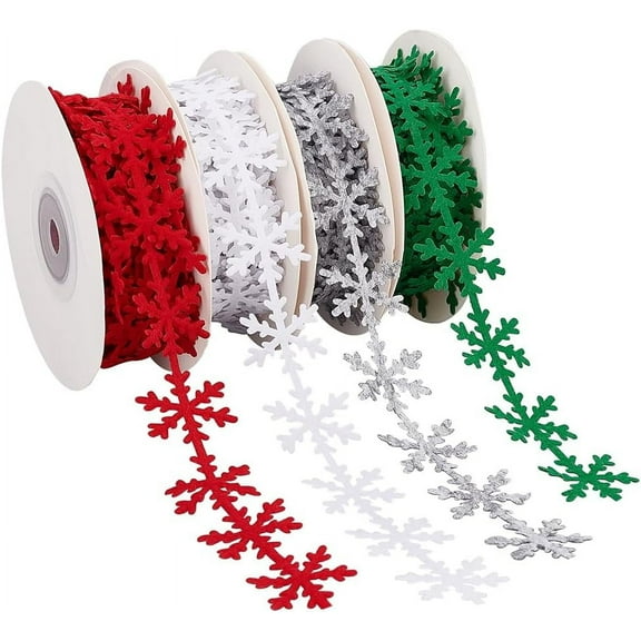 4 Rolls Christmas Snowflake Trim Ribbon 1 Inch Decorative Applique Decals Non-Woven Fabrics Trim Winter Snowflake Lace Embellishment for DIY Craft Scrapbook Decoration Sewing 22 Yards