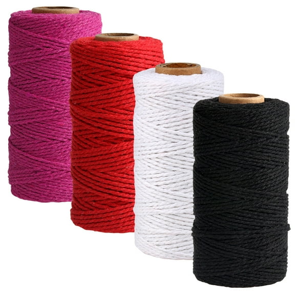 4 Rolls Cotton String Cords 3mm 109 Yard Twine Gift Wrapping Rope for DIY Crafts Packing Plant Hangers Home Decor Bakers Twine Cotton Cord White+Black+Red+Fuchsia