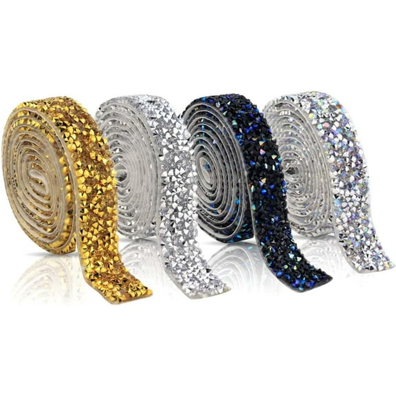 4 Rolls Crystal Rhinestone Ribbon Bling Diamond Ribbon Wrap Roll for Wedding Crafts DIY Resin Rhinestone Ribbons Self Adhesive Crystal Rhinestones Ribbon Stickers Birthday Cakes Decor (Mixed Colors)