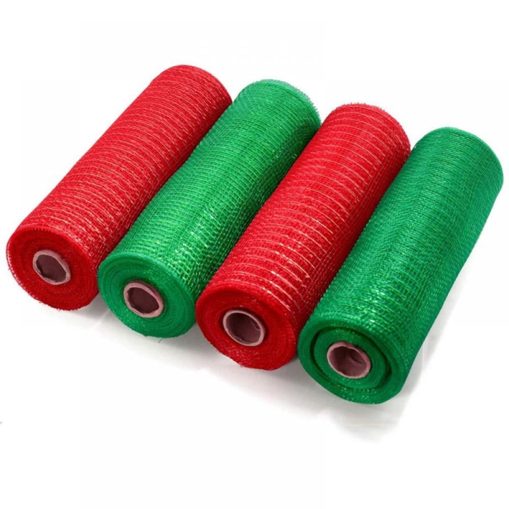 4 Rolls Deco Mesh Ribbon 10 inch x 30 feet Each Roll, Red White Green Yellow Rolls Metallic Foil Poly Mesh Ribbon for Wreath Supplies Christmas Swags Decoration