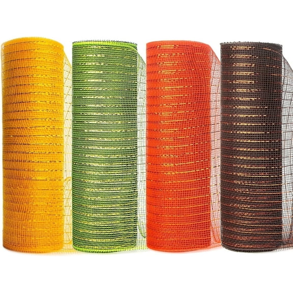 4 Rolls Deco Mesh Ribbon for Wreath Decor, 10 Inch *30 FT Fall Thanksgiving Deco Mesh Roll Wreath Making Supplies Crafts for Christmas Halloween Tree Fall Winter Wreath Decorations