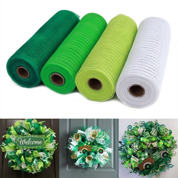 4 Rolls Deco Poly Mesh Ribbon 10 inch x 30 feet Each Roll, Metallic Foil Red White Green Patriotic Ribbon Christmas Ribbon for Wreath Swags Decorations