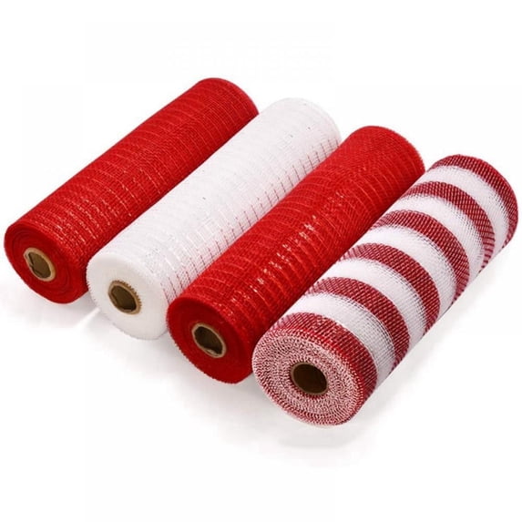 4 Rolls Deco Poly Mesh Ribbons 30 Feet Each Roll Metallic Foil Mesh Ribbon for Home Door Wreath Decoration DIY Crafts Making Supplies (Red + White + Red + Red and White, 10 Inches)