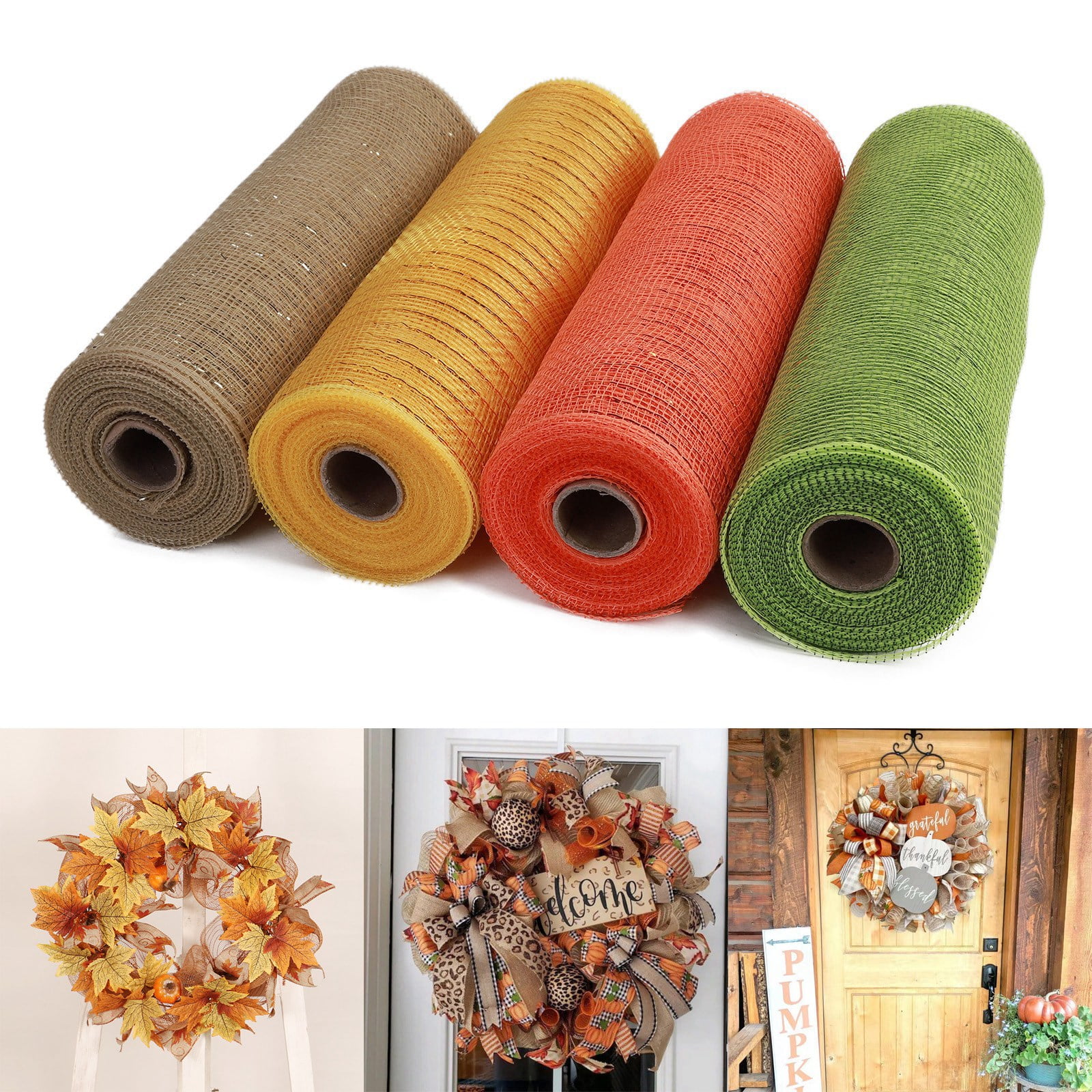 4 Rolls Easter Deco Mesh Ribbon Wreath Making Supplies Poly Mesh Ribbon Decor for Easter DIY Craft Home Door 10 Yards Each Roll(Orange, Gold, Brown, Green)