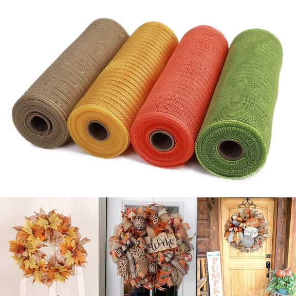 4 Rolls Easter Deco Mesh Ribbon Wreath Making Supplies Poly Mesh Ribbon Decor for Easter DIY Craft Home Door 10 Yards Each Roll(Orange, Gold, Brown, Green)