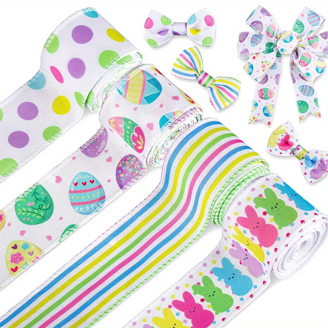 Easter Ribbon Pattern 4 Rolls Easter Ribbon Wired, Spring Rolls with Classic Easter Egg ...
