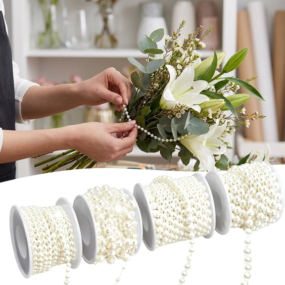 4 Rolls Faux Pearl String Garland, 3mm 4mm 6mm 8mm Bead Strands, Flexible Cuttable Pearl Decorative Strings for Wedding DIY Craft Home Hair Dress Decoration