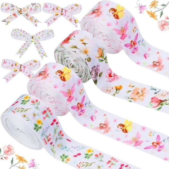 4 Rolls Floral Fairy Themed Ribbons Tape, 20 Yards Flower Craft Ribbons for Wreath Hair Bow Wrapping Gifts Packing Grosgrain Ribbons Birthday Wedding Gender Reveal Party Accessory Decorations