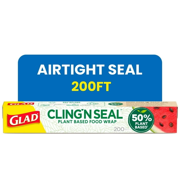 (4 Rolls) Glad 50% Plant-Based Cling N Seal Food Wrap, 200 Square Foot Roll