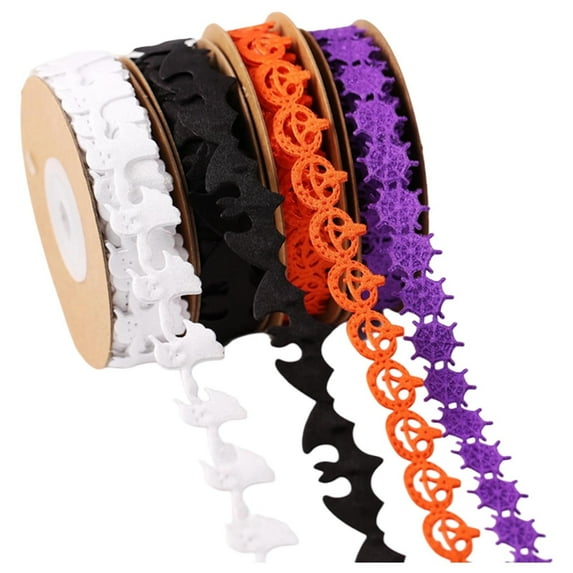 4 Rolls Halloween Ribbons 11 Yards Pumpkin Bat Ghost Spider Web Shape Halloween Ribbons Black White Orange Purple Craft Ribbons Trim Embellishment for Gift Wrapping Halloween Party Decoration