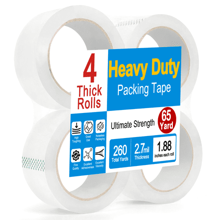 4 Rolls Heavy Duty Packing Tape, 2.7 mil Clear Shipping Tape, 1.88 inch x 65 Yards per Roll, Strong Adhesive for Packaging, Mailing, Moving & Storage, 260 Yards Total, Clear Tape Refills for Boxes