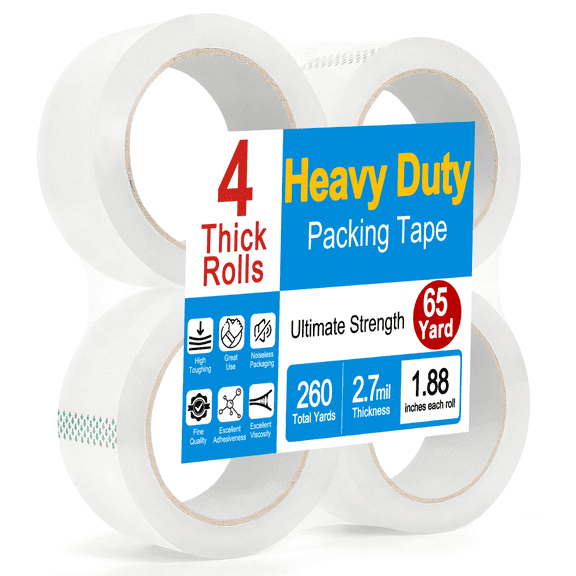 4 Rolls Heavy Duty Packing Tape, 2.7 mil Clear Shipping Tape, 1.88 inch x 65 Yards per Roll, Strong Adhesive for Packaging, Mailing, Moving & Storage, 260 Yards Total, Clear Tape Refills for Boxes