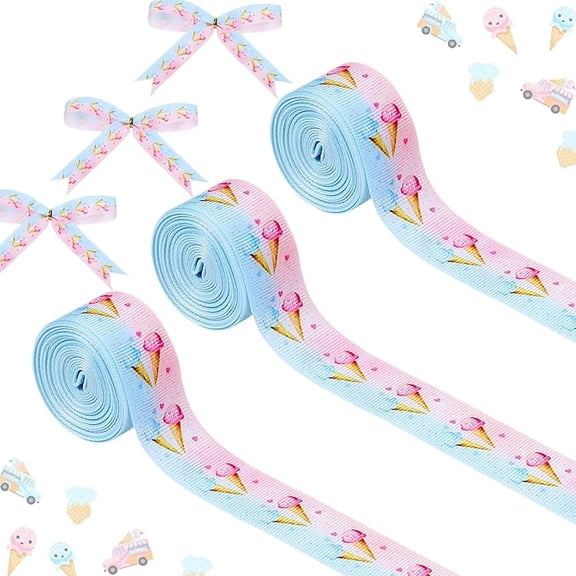 4 Rolls Ice Cream Theme Ribbons, 20 Yards Craft Ribbons for Wreath Hair Bow Wrapping Gifts Packing, Pink Blue Grosgrain Ribbons Gender Reveal Birthday Wedding Party Accessory Decorations