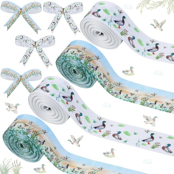 4 Rolls Mallard Duck Theme Ribbons, 20 Yards Craft Ribbons for Wreath Hair Bow Wrapping Gifts Packing, Green Grosgrain Ribbons Birthday Wedding Gender Reveal Party Home Accessory Decor