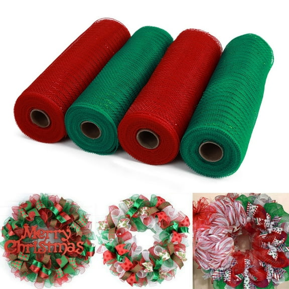 4 Rolls Mesh Ribbon Wreath Making Supplies Poly Mesh Ribbon Decor for Christmas DIY Craft Home Door 30 Feet Each Roll(Red, Green, Red, Green,10 Inch Wide)