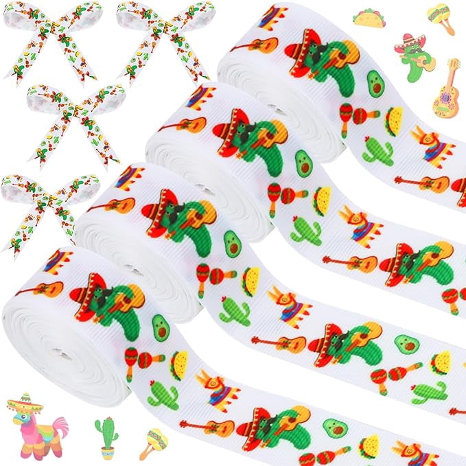 4 Rolls Mexican Theme Ribbons, 20 Yards Craft Ribbons for Wreath Hair Bow Wrapping Gifts Packing, Green Grosgrain Fabric Ribbons Birthday Weeding Gender Reveal Party Accessory Decorations