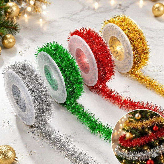 4 Rolls Mini Tinsel Garland Christmas Tree Decorations, 0.7in x 108in Metallic Tinsel Twist Garland Glitter Ribbon Assorted Garland for DIY Wedding Birthday Party Supplies, Multicolor 1