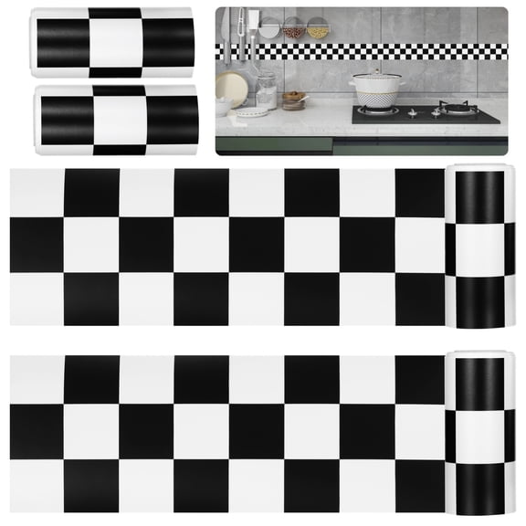 4 Rolls PVC Wallpaper Border, Checkered Flag Design, Self-Adhesive Wall Sticker for Bathroom, Kitchen, Car, 7.9 Ft Each, Black and White