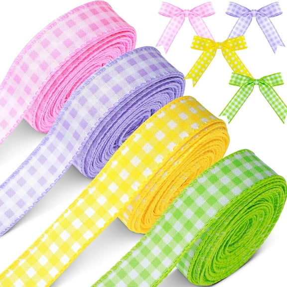 4 Rolls Pastel Easter Plaid Fabric Ribbons, Total 40 Yards, Spring Gingham Ribbon Ideal for DIY Crafts, Wreaths, Gift Wrapping