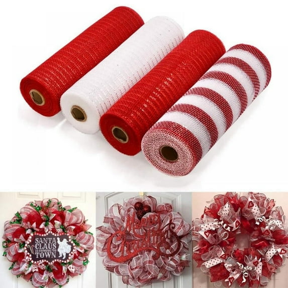 4 Rolls Poly Burlap Deco Mesh -10 Inch Wide Deco Poly Decorative Mesh Ribbon Wrapping Ribbon Rolls for Home Door Wreath Decoration DIY Crafts Making