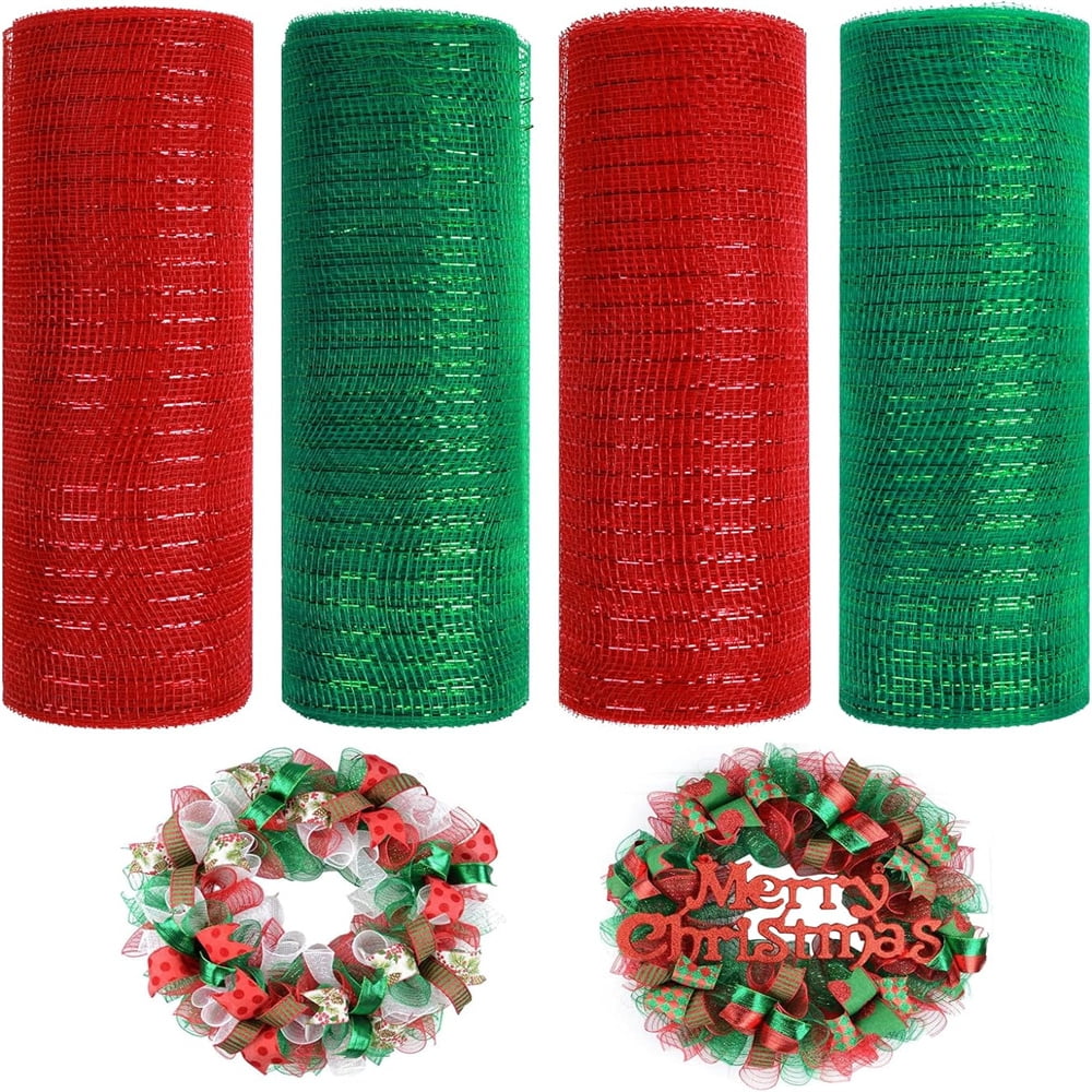 4 Rolls Poly Mesh Ribbon Burlap Poly with Metallic Foil Mesh Rolls for DIY Festivals Wreaths Party Decoration Wrapping Craft (Christmas Red/Christmas Green/10 Inches x 10 Yards)