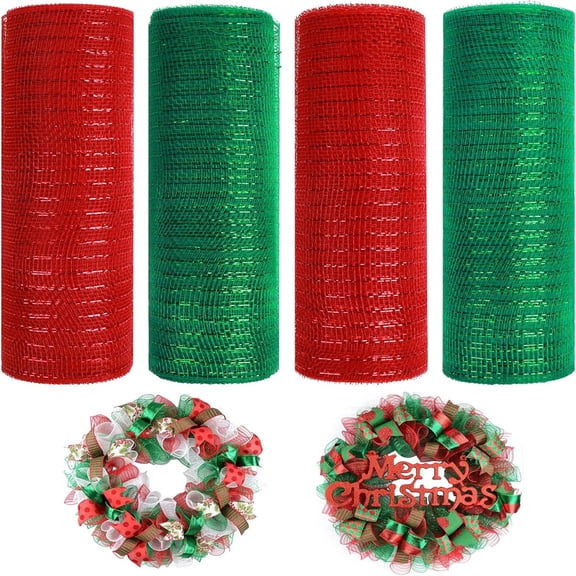 4 Rolls Poly Mesh Ribbon Burlap Poly with Metallic Foil Mesh Rolls for DIY Festivals Wreaths Party Decoration Wrapping Craft (Christmas Red/Christmas Green/10 Inches x 10 Yards)