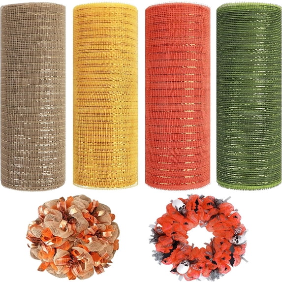 4 Rolls Poly Burlap Deco Mesh - Deco Poly Decorative Mesh Wrapping Ribbon with Foil Rolls for Home Door Wreath Decoration DIY Crafts Making (Flaxen/Gold/Orange/Army Green/10 Inches x 10 Yards)
