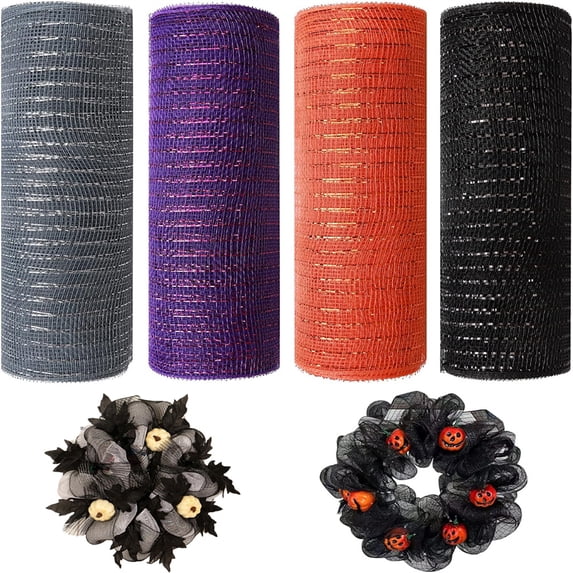 4 Rolls Poly Burlap Deco Mesh - Deco Poly Decorative Mesh Wrapping Ribbon with Foil Rolls for Home Door Wreath Decoration DIY Crafts Making (Grey/Purple/Orange/Black/10 Inches x 10 Yards)