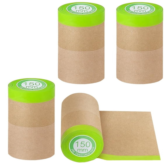 4 Rolls Pre-Taped Masking Paper for Painting - 6 inch x 50 feet Tape and Drape Painters Paper, Paint Adhesive Protective Paper Roll for Covering Skirting, Frames, Cars and Auto Body