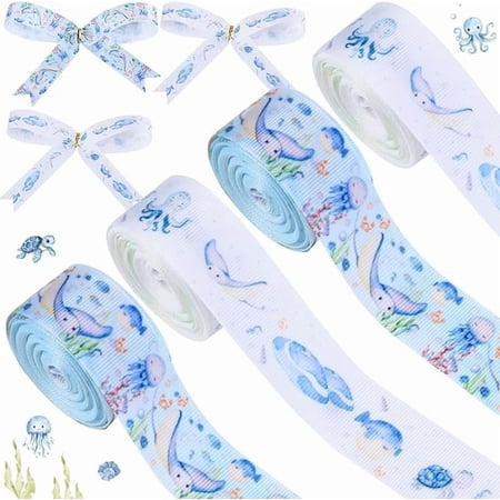 4 Rolls Retro Ocean Theme Ribbons, 20 Yards Craft Ribbons for Wreath Hair Bow Wrapping Gifts Packing, Under the Sea Grosgrain Ribbons Birthday Wedding Gender Reveal Party Home Accessory Decor