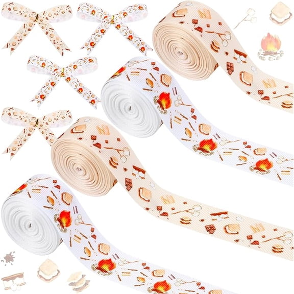 4 Rolls S'More Theme Ribbons, 20 Yards Craft Ribbons for Wreath Hair Bow Wrapping Gifts Packing, Bonfire Camping Grosgrain Ribbons Birthday Wedding Gender Reveal Party Home Accessory Decor