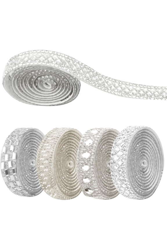 4 Rolls Self-Adhesive Crystal Rhinestone Ribbons Bling Glitter Diamond Rhinestones Tape for DIY Art Crafts Fabric Clothes Home Decoration, 4 Styles