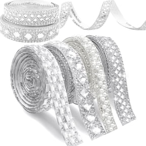 4 Rolls Self‑Adhesive Rhinestone Sticker Tape, 4 Styles Bling Silver Crystal Diamond Ribbon for DIY Crafts, Phone Shoes Fabric Home Gift Decoration