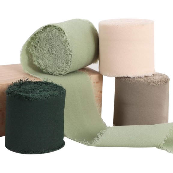 4 Rolls Silk Chiffon Ribbon, 1-1/2 Inch x 22yds, Sage Green Ribbons Set, Handmade Fringe Ribbon for Gift Wrapping Bridal Bouquets Wedding Invitations Decoration Crafts green -