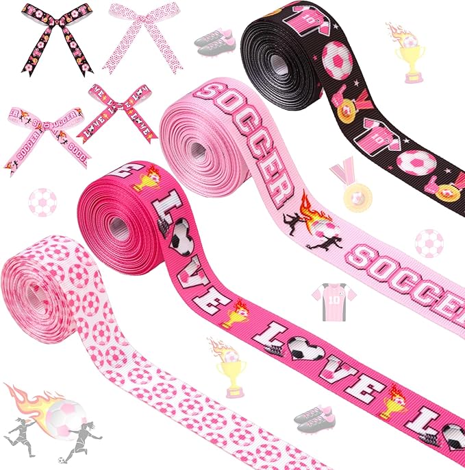 4 Rolls Soccer Theme Ribbons for Girls, 20 Yards Craft Ribbons for Wreath Hair Bow Wrapping Gifts Packing, Sports Grosgrain Ribbons for Baby Shower Birthday Wedding Party Home Accessory Decor