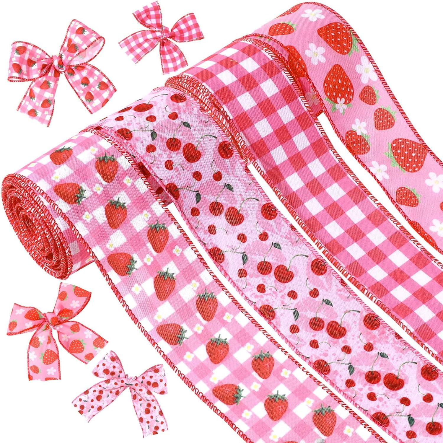 Pineraap Strawberry Cherry Wired Edge Ribbon – 4 Rolls (20 Yards) For Gift Wrapping, Crafts & Party Decor