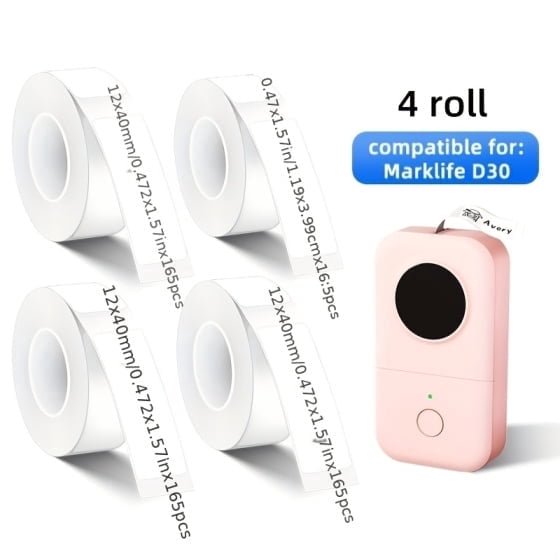 4 Rolls Thermal Label Tape, Direct Thermal Labels, Waterproof Labels for D30 Printer, 12x40mm Labels, 160 Labels Per Roll, Thermal Sticker Labels, High-Quality Printing