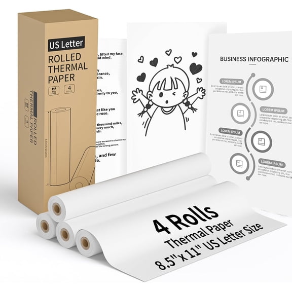 4 Rolls Thermal Printer Paper 8.5" x 11" US Letter Size - High-Efficiency Durable Printing for Picture or Home Work, Printing Contract, Compatible with Most Thermal Printers (100 Sheets / 4 Rolls)